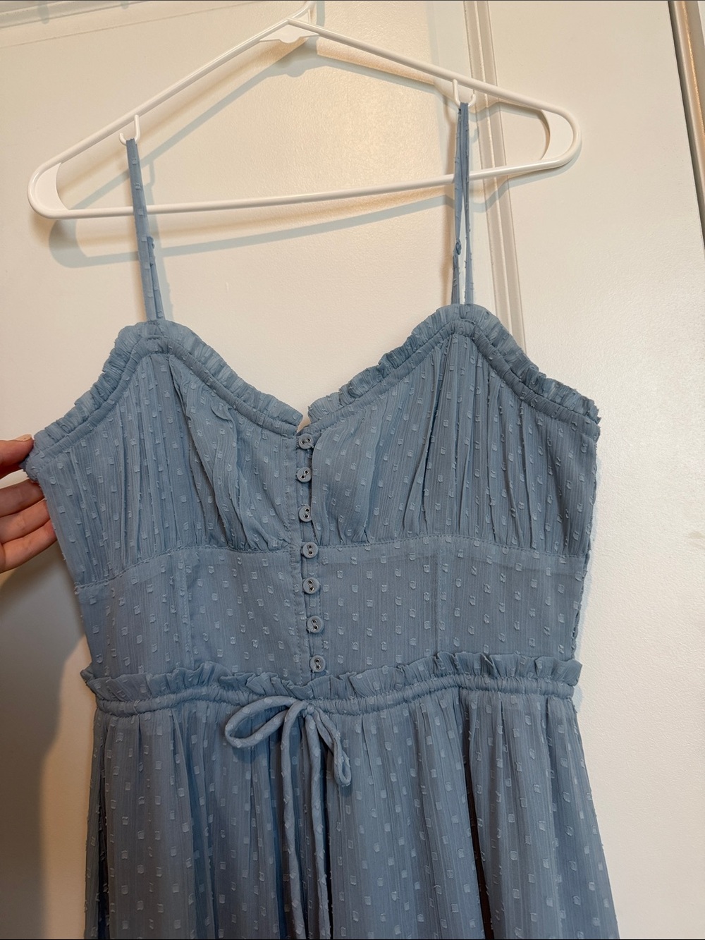 Patrons of Peace Dusty Blue Swiss Dot Maxi Dress with Tie Waist - Picture 2 of 7